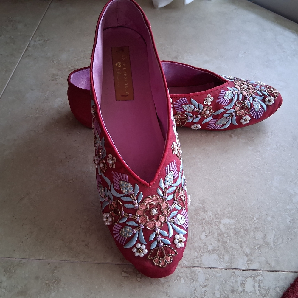 SOLD! Anthropologie Red Floral Embroidered Flats